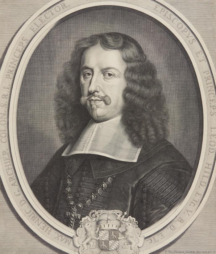 MAXIMILIAN HEINRICH VON BAYERN, Erzbischof und Kurfürst von Köln (1650 - 1688)
München 1621 - 1688 Bonn

Brustbild im Oval, mit Wappen.