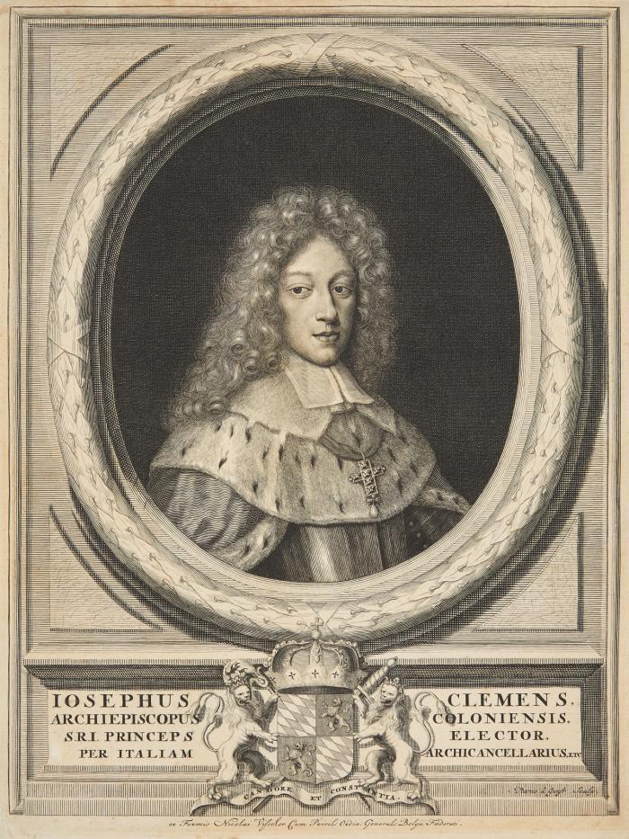 JOSEPH CLEMENS VON BAYERN, Erzbischof und Kurfürst von Köln; Vorgänger von Clemens August
München 1671 - 1723 Bonn

Brustbild als junger Erzbischof unf Kurfürst von Köln, im Hermelin mit Pektorale über Harnisch, in ovalem Lorbeerkranz mit Wappen. Um 1697.