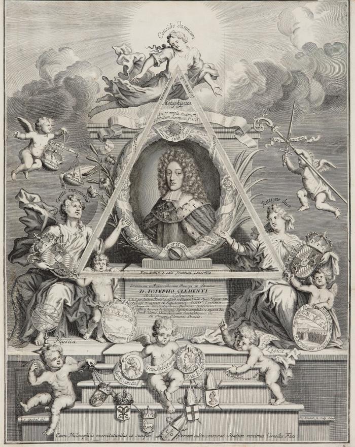 JOSEPH CLEMENS VON BAYERN, Erzbischof und Kurfürst von Köln 1688 - 1723; Vorgänger und Oheim von Clemens August
München 1671 - 1723 Bonn

Halbe Figur mit Allongeperücke, Mozetta und Kurmanteln nach links in ovalem Lorbeerkranz mit Dreieck über Schriftsockel,; die Darstellung in großem allegorischen Rahmen mit weiblichen Allegorien, sieben Putti mit Emblemschilden, kurfürstlichen Insignien, Wappen und Bildmedaillons der Vorfahren bzw. Vorgänger. Um 1700.