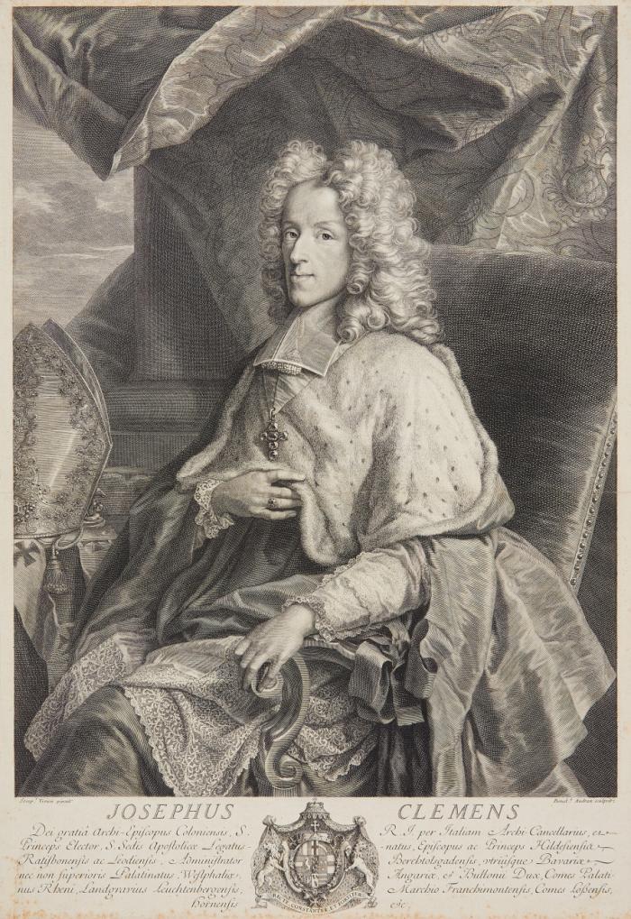 JOSEPH CLEMENS VON BAYERN, Erzbischof und Kurfürst von Köln 1688 - 1723; Vorgänger und Oheim von Clemens August
München 1671 - 1723 Bonn

Kniestück im reichgestickten Rochett und Hermelin in Armsessel nach links sitzend, auf einem Tisch Mitra und Pallium.