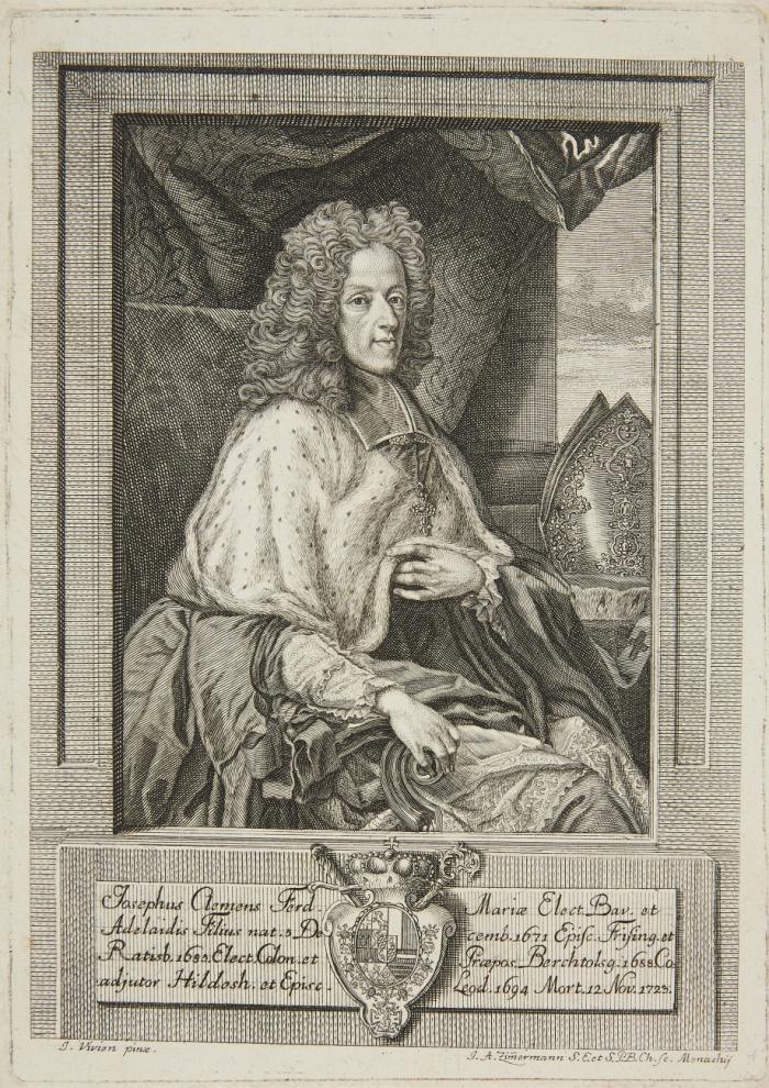 JOSEF CLEMENS KAJETAN VON BAYERN, Erzbischof von Köln, Kurfürst des Heiligen Römischen Reiches, Onkel von Clemens August
München 1671 - 1723 Bonn

8 Blatt Kupferstiche mit Porträtdarstellungen und 2 Beigaben. Bildgrößen von 11,7 x 7,1 cm bis 31,8 x 18,9 cm.