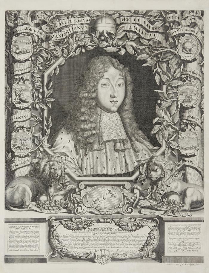 MAXIMILIAN II. EMANUEL, Kurfürst von Bayern; Vater von Clemens August
München 1662 - 1726

Brustbild des jugendlichen Fürsten. Ingolstädter Thesenblatt des Georg Peter Franz Frhr. von Sandizell anlässlich der Volljährigkeit und Regierungsübernahme von Max Emanuel am 11. Juli 1680, mit Allegorien auf den Vater Ferdinand Maria und den Großvater Maximilian I. 1680.