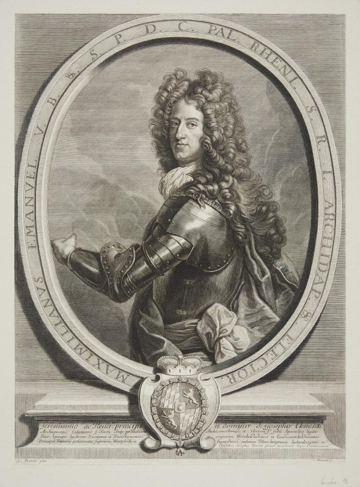 MAXIMILIAN II. EMANUEL, Kurfürst von Bayern; Vater von Clemens August
München 1662 - 1726

Halbfgur im Harnisch nach links, im Oval.
