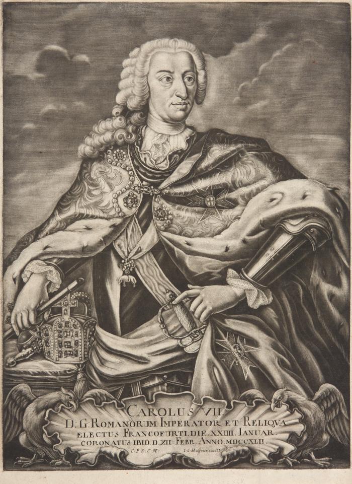 KARL VII. ALBRECHT VON BAYERN, Röm.-Deutscher Kaiser, Bruder von Clemens August
Brüssel 1697 - 1745 München

MARIA AMALIA VON ÖSTERREICH, Gemahlin von Karl VII. Albrecht
1701 - 1756

Hüftbild im Harnisch und Hermelinmantel, mit Kaiserkrone, Reichsapfel und Szepter / Dreiviertelfigur nach links, die Hände Szepter und Krone umfassend

2 Schabkunstblätter bei Johann Christoph Haffner bzw. bei J.A. Pfeffel nach Georg Desmarées. Plattengröße 48,7 x 36,1 bzw. 49,8 x 33 cm, meist mit Rand bzw. Rändchen.
Geglättete horizontale und vertikale Knickfalten; unbedeutende Altersspuren. – Schöne, samtige Drucke der seltenen Gegenstücke.