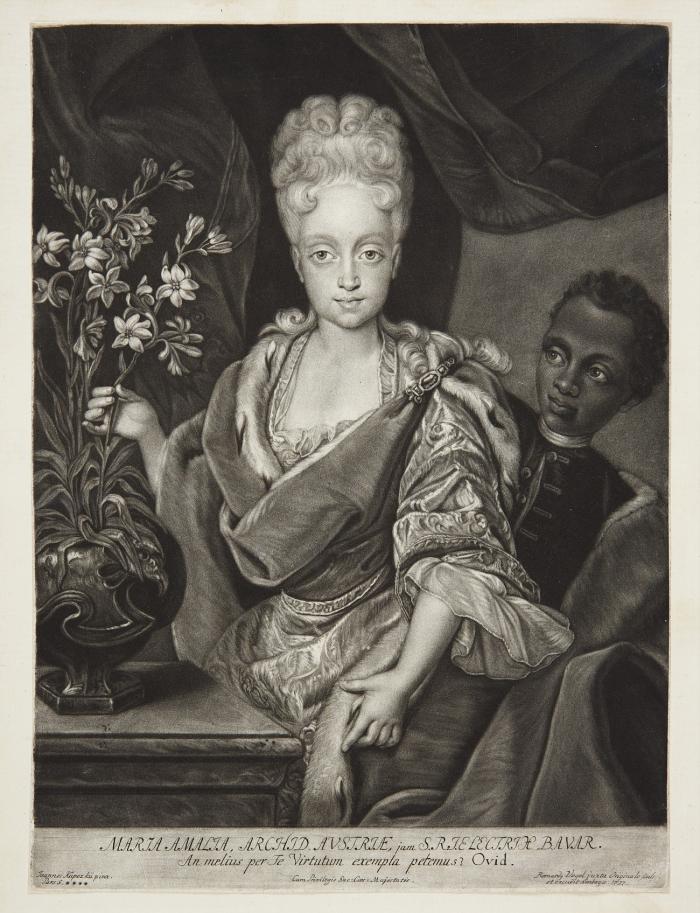 MARIA AMALIA VON ÖSTERREICH, Gemahlin von Karl VII. Albrecht, Tochter Kaiser Jopsehs I., Kurfürstin von Bayern und röm.-deutsche Kaiserin
1701 - 1756

Dreiviertelfigur als junge Kurfürstin, mit Lilienvase und Pagen. 1737.
