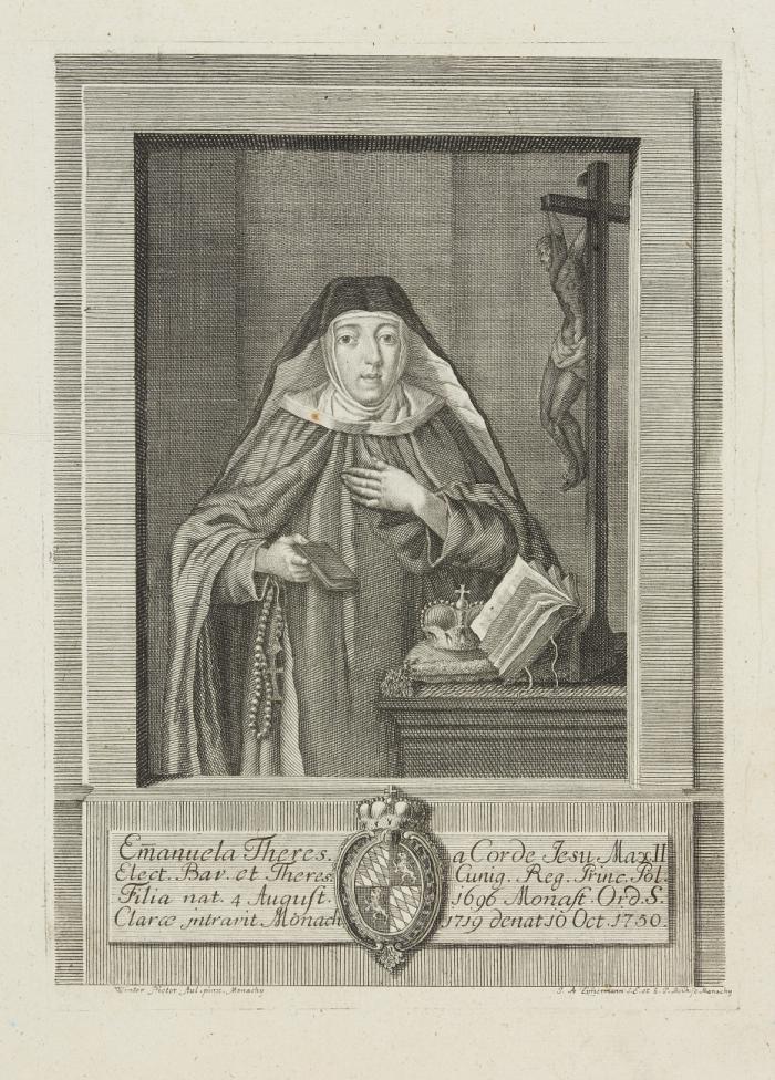 MARIA ANNA CAROLINA, PRINZESSIN VON BAYERN (Ordensname: Emanuela Theresa de Corde Jesu), einzige Tochter von Max II. Emanuel und Schwester von Clemens August
(Brüssel 1696 - 1750 München)

Dreiviertelfigur en face, stehend, in Ordenstracht der Klarissen; die Linke auf der Brust gelegt, in der Rechten ein Buch haltend; auf einem Tisch Kreuz, Buch und Fürstenkrone.