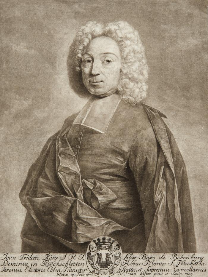 JOHANN FRIEDRICH FREIHERR KARG VON BEBENBURG, kurkölnischer Kanzler, Staatsminister und Vertrauter von Joseph Clemens
Bamberg 1648 - 1719 Bonn

Halbfiguriges Bildnis nach links in geistlicher Kleidung mit umgeschlagenem Mantel; unten Schriftfuß mit zentralem Wappen.