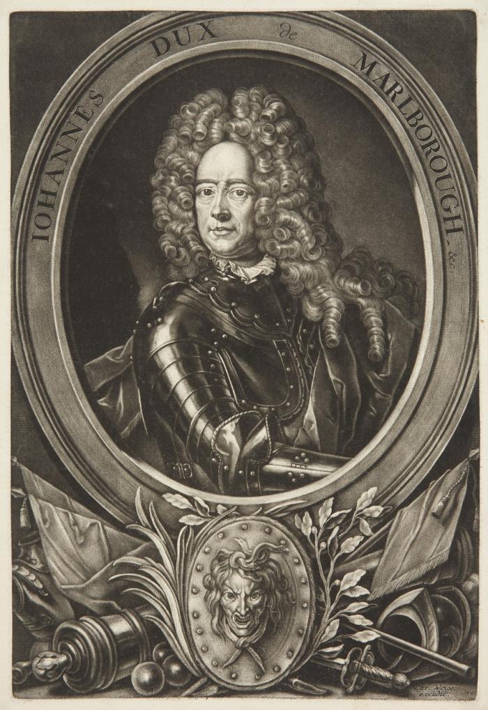 JOHN CHURCHILL, 1. DUKE OF MARLBOROUGH, englischer Feldherr im Spanischen Erbfolgekrieg, Sieger von Höchstädt (Battle of Blenheim), Eroberer von Kaiserswerth und Bonn
Ashe 1650 - 1722 Cranbourn Lodge

Halbfigur nach rechts im Harnisch, im Oval über Kriegstrophäen.