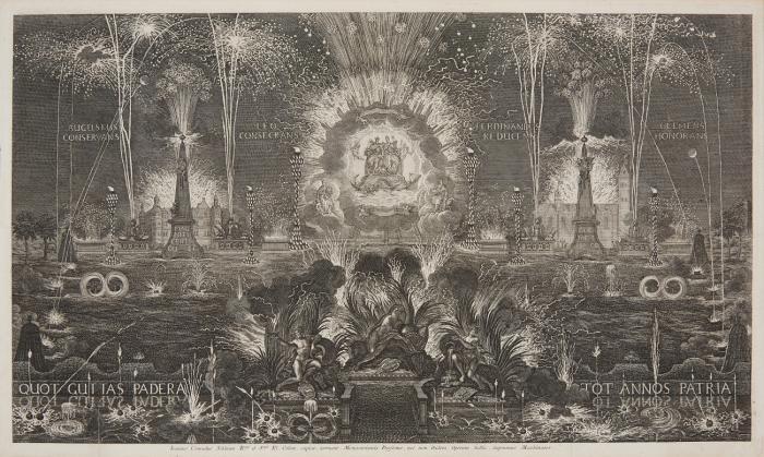 CLEMENS AUGUST VON BAYERN, Erzbischof und Kurfürst von Köln
Brüssel 1700 - 1761 Schloss Philippsburg/Koblenz-Ehrenbreitstein

Großes Feuerwerk zu Ehren des Kurfürsten von Köln und Fürstbischofs von Paderborn in Schloss Neuhaus bei Paderborn anlässlich des Abschlusses des Libori-Jubiläums im Jahre 1736. 1737.