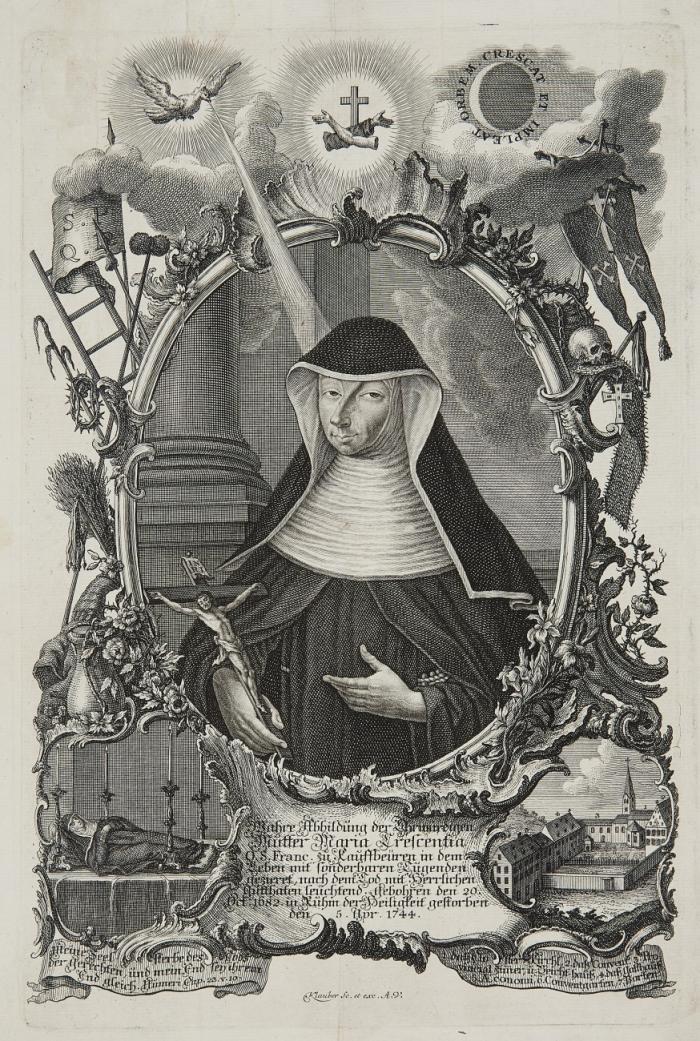 Sammlung von 6 Blatt Kupferstichen, davon 1 koloriert und eines doppelt vorhanden. Bild- bzw. Plattengröße von 11,5 x 6,3 cm bis 31 x 20,5 cm.

Dabei: Hüftbild mit Kreuz in der Rechten in ornamentalem Ovalrahmen, der von den Leidenswerkzeugen um geben ist, oben mit dem Hl. Geist in Gestalt einer Taube, in der Mitte Kreuz und Hände mit Wundmalen in Strahlenkranz, sowie kleiner Abbildung der aufgebahrten Toten und des Franziskanerinnenklosters von Klauber, (exc. A. V.) um 1744. - Lit. Gatz, Leben der Seligen Crescentia von Kaufbeuren. Vgl. Scheefold 44988. /
Dreiviertelporträt mit Kreuz in der Rechten, Bildnis in Rechteckrahmen, darunter Schrifttafel (doppelt vorhanden; mit kleinen Abweichungen in Sockelzone und Beschriftung), von S. T. Sondermayr. - Provenienz: Ein Exemplar stammt aus dem Bonner Hofkreis um Clemens August und war verso auf dem Porträt von Juncker/'Müller montiert - abgelöst und gereinigt. / 
Dreiviertelporträt mit Kreuz und Gebetbuch in ovalem Rahmen mit Blumenranke