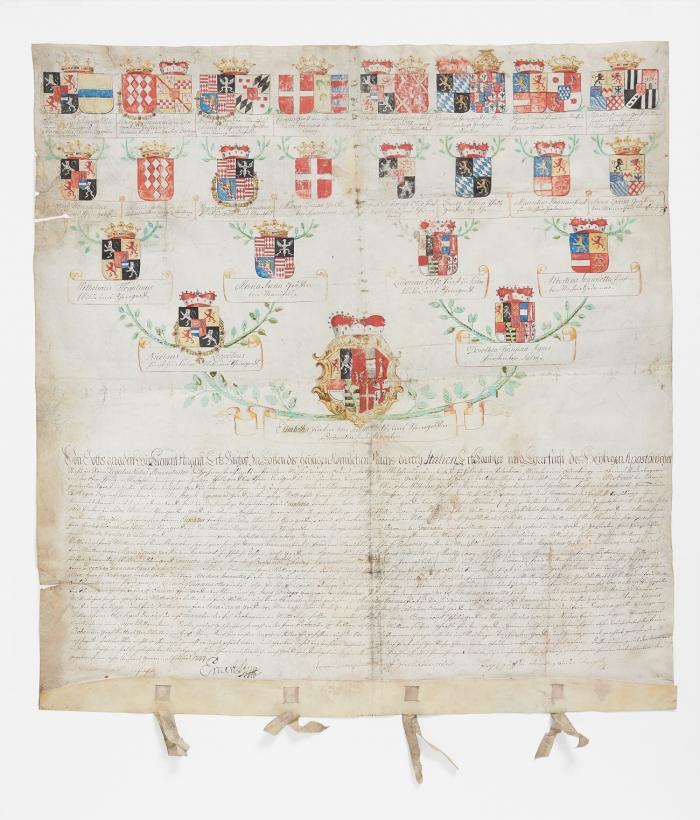 Ahnenprobe. - Aufschwörungstafel mit Ahnenprobe auf 30 Ahnen für Elisabeth Prinzessin zu Salm-Salm.