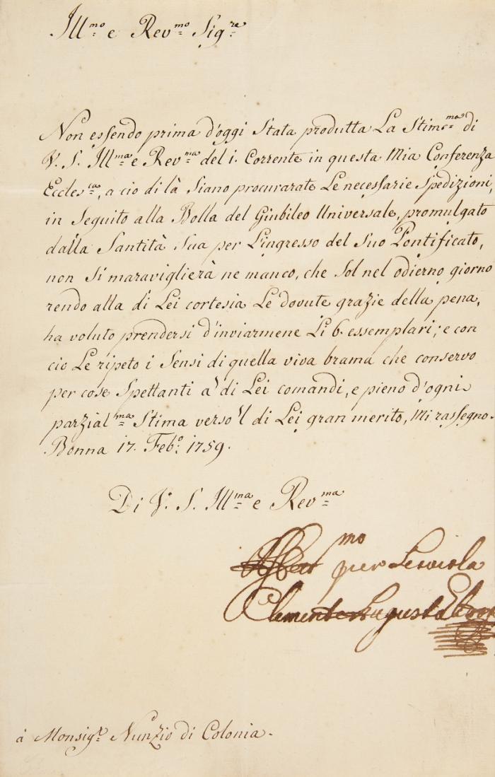 Brief mit U. und e. Grußformel. In Italienisch.