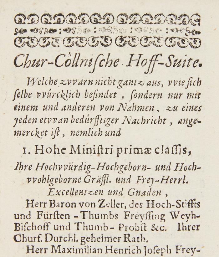 Chur-Collnischer Capelln- und Hoff-Calender, für das Jahr ... MDCCXXI. Auff Ihrer Churf. Durchl. gnâdigste Verordnung vom Matthia Biber Cammer-Fourier unterthânigst gehorsambst verfertiget.