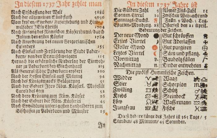 Paderbornischer Allmanach/ darinnen alle Fest- und Fast-Tage/ Proceßionen und Ablässe/ Sonn- und Mondes-Lauff/ Vieh- und Jahrmärckte/ auf das Hoch-Stifft Paderborn und umbligende Oerter gerichtet / auff das Jahr ... 1737.