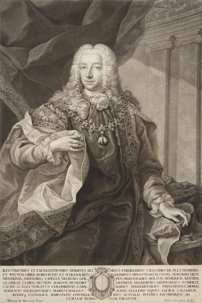 FERDINAND WILHELM ADOLF FRANZ FREIHERR VON PLETTENBERG, Obristkämmerer und Erbmarschall von Clemens August
Paderborn 1690 - 1737 Wien

Dreiviertelfigur nach links im Ornat eines Ritters vom Goldenen Vlies.