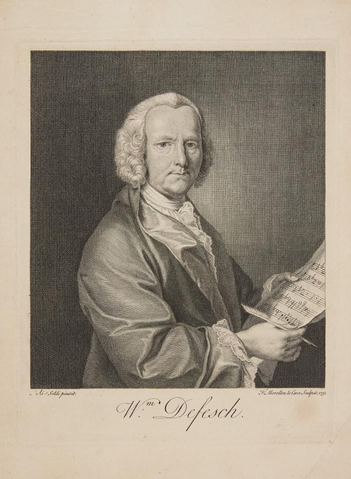 WILLEM DE FESCH, Violinvirtuose, Kapellmeister und Komponist, u.a. zeitweise wohl Mitglied der Hofkapelle unter Kurfürst Joseph Clemens von Köln, ab 1731 in London, wo er Händels Orchester leitete.
Alkmaar 1687 - 1761 London

Halbfigur nach rechts, mit Schreibfeder und Notenblatt. 1751.