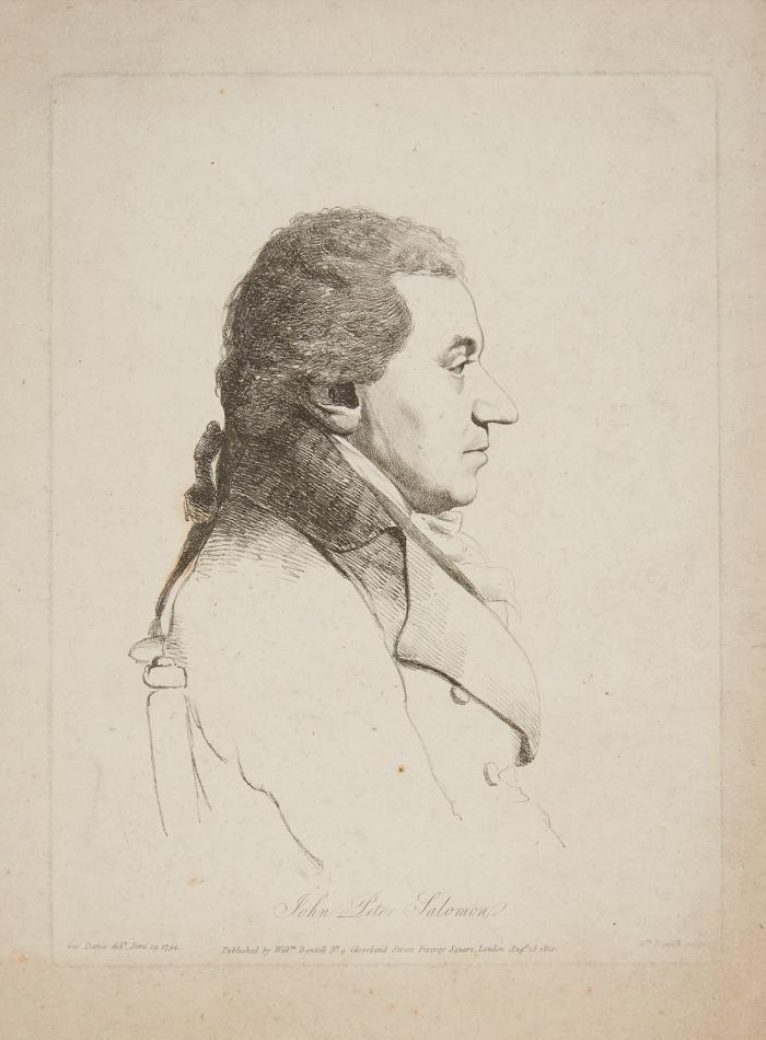 JOHANN PETER SALOMON, Geiger, Komponist und Konzertunternehmer in London, von 1758 bis 1765 Geiger im kurfürstlichen Bonner Hoforchester unter Clemens August
Bonn 1745 - 1815 London

Brustbild im Profil nach rechts. 1794 (1810).