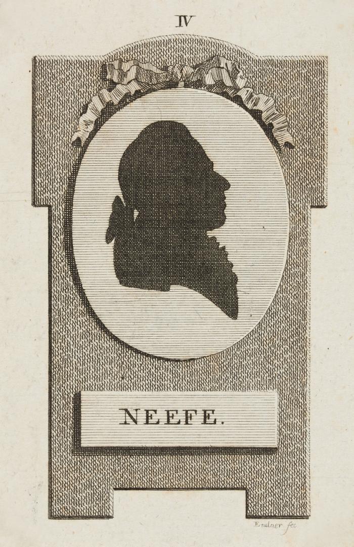 CHRISTIAN GOTTLOB NEEFE, Komponist, Musikdirektor am kurfürstlichen Nationaltheater in Bonn, Hoforganist und Lehrer L.van Beethovens in Bonn
Chemnitz 1748 - 1798 Dessau

Brustbildsilhouette im Profil nach rechts, im Oval.