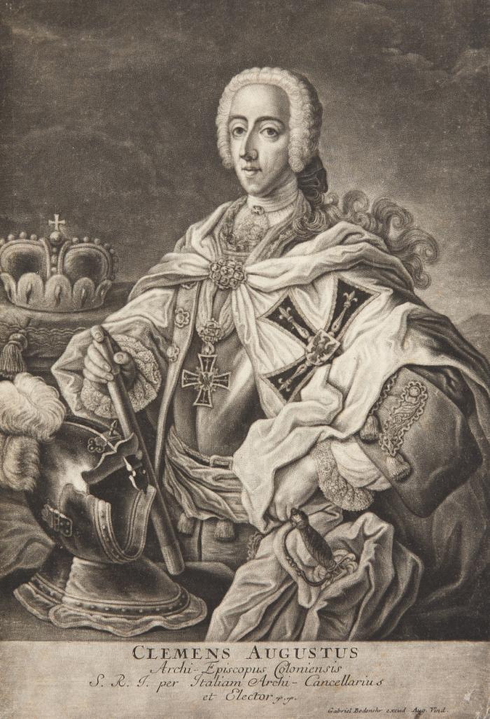 CLEMENS AUGUST VON BAYERN, Erzbischof und Kurfürst von Köln
Brüssel 1700 - 1761 Schloss Philippsburg/Koblenz-Ehrenbreitstein

Hüftbild als Hochmeister des Deutschen Ritterordens (ab 1732) im Harnisch mit Ordensmantel und -kreuz sowie Helm und Kommandostab; im Hintergrund Kurhut.
