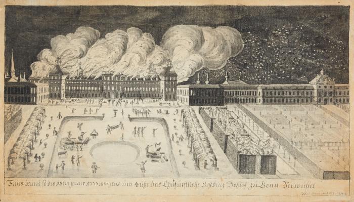 RESIDENZSCHLOSS IN BONN. 2 Zeichnungen.

1.) Brand des Residenzschlosses, 1777. Feuers brunst so den 15ten jenner 1777 morgens um 4 uhr das Churfürstliche Residenz Schloß zu Bonn Verwüstet. Ansicht des brennenden Schlosses von der Gartenseite, mit zahlreicher Personenstaffage, u.a. Soldaten, die das gerettete Mobiliar bewachen.

2.) Ansicht des Residenzschlosses von der Gartenseite, 1777. Prospect des Churfürstlichen Residentz Schloßes zu Bonn seithen des Gartens. So den 15ten January im Jahr 1777 des Nachtes Vom Feuer Verwüstet.