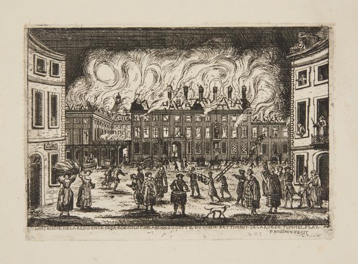 RESIDENZSCHLOSS IN BONN. BRAND VON 1777. Folge von 6 Radierungen.

Linsendie de la Residence de S:A:E: de Cologne a Bonn Le 15 janvier a 4 heure du matin du cotté du jardin 1777 /  ... mis an prospective du cotte de Poppelstorf et ca facate du cotte de la ville / ... du cotté du vieux battiment et de la pagerie et lautrecotte de la ville / ... du cotté du vieux battimen de la rue de Tummelplaz / ... dens la Cour pres de la grand escaillé tombai la Cornisch et Ecrasé baucoup de Mond / après l'insendie de la Residence de Bonn de S.A.E.E. de Cologne du Cotté du Jardin.
Der Schlossbrand aus verschiedenen Perspektiven sowie der Tag nach dem Brand.