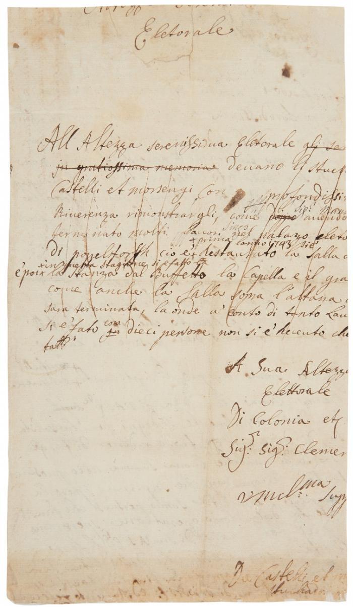 Entwurf einer Bittschrift an Kurfürst Clemens August. In italienischer Sprache.