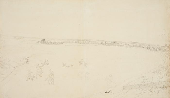 BRÜHL. SCHLOSS FALKENLUST UND AUGUSTUSBURG

brulle. Blick auf Schloss Augustusburg und Falkenlust, mit weiter Sicht ins Hinterland und Vorgebirge, im Vordergrund Darstellung einer Falkenjagd / Rückseite: Ansicht von Schloss Falkenlust mit dem Siebengebirge im Hintergrund.