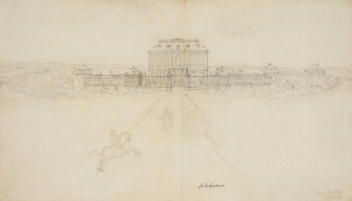 BRÜHL. SCHLOSS FALKENLUST UND AUGUSTUSBURG

falckentoust. Frontalansicht des Schlosses Falkenlust, im Vordergrund Reiter und Fußgänger / Rückseite: Veue du Chateau de Brulle, Ansicht von Schloss Augustusburg mit dem Siebengebirge im Hintergrund.