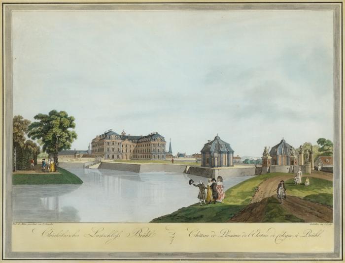 SCHLOSS AUGUSTUSBURG IN BRÜHL

Kurkölnisches Lustschloss Brühl - Château de plaisance de l'Electeur de Cologne à Brühl. 
Blick auf Schloss Augustusburg in Brühl mit dem Wassergraben und dem Eingangsportal zum Park; im Vordergrund Spaziergänger.