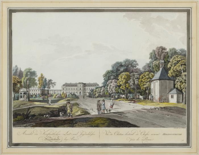JAGDSCHLOSS HERZOGSFREUDE IN BONN-RÖTTGEN

Ansicht des Kurfürstlichen Lust- und Jagdschlosses Herzogsfreude bey Bonn - Vue du château électoral de Chasse, nommé Herzogsfreude près de Bonne. Ansicht mit Zufahrtsweg, und kleinen Pavillons an den Seiten, teils verdeckt von Bäumen und Sträuchern, mit Figurenstaffage, Jäger mit Hunden u.a.