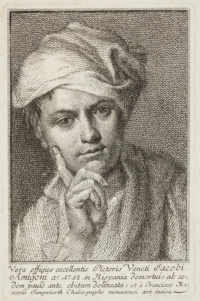 JACOPO AMIGONI, Maler
Venedig 1675 - 1752 Madrid

Brustbild en face mit Mütze, den Kopf etwas geneigt auf die Rechte gestützt. 1752.