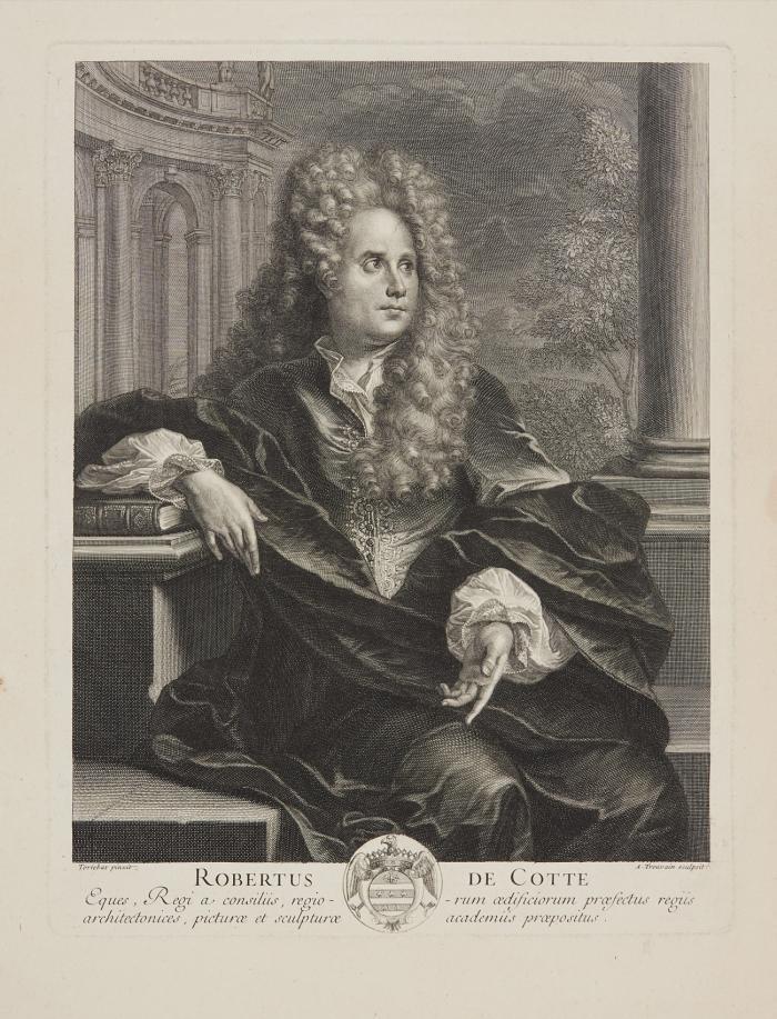 ROBERT DE COTTE, französischer Baumeister; entwarf die Baupläne für das Bonner Residenzschloss und Schloss Poppelsdorf
Paris 1656 - 1735 Passy b. Paris.

Dreiviertelfigur sitzend, vor Architektur- und Landschaftskulisse.