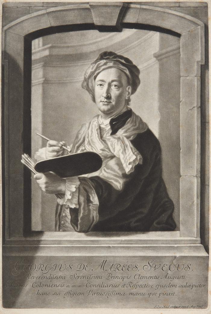 GEORG DESMARÉES, Maler; 1745 - 1749 und 1752 - 1754 am Bonner Hof
Gimo, Schweden 1697 - 1776 München

Halbfigur mit Palette in Fenster.