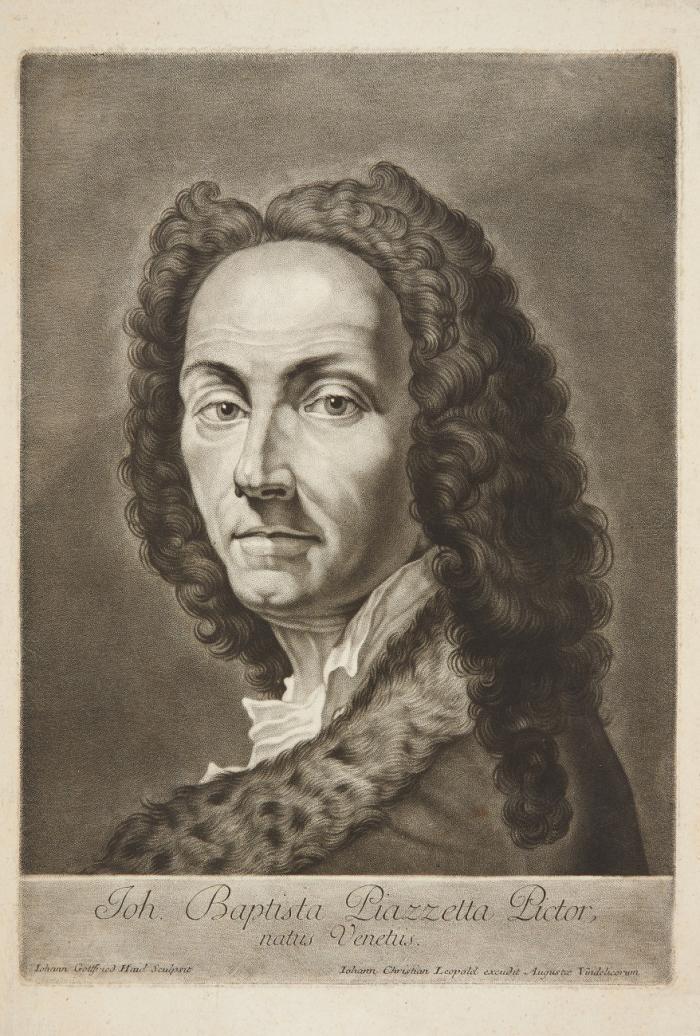 GIOVANNI BATTISTA PIAZZETTA, Maler.
Venedig 1682 - 1754

Brustbild nach links / Brustbild nach rechts mit Feder in der erhobenen Rechten. 1753.

Schabkunst von Johann Gottfried Haid, bei Johann Christian Leopold bzw. Radierung von Franz Xaver Jungwirth, 1753, nach Giovanni Cattimi, 1743.