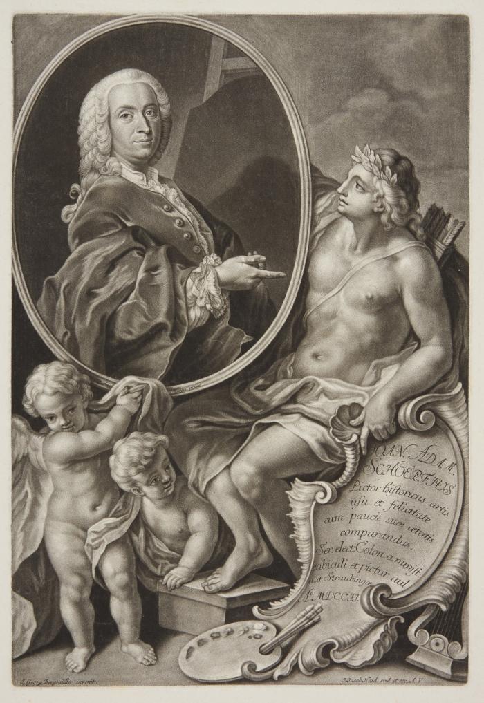 JOHANN ADAM SCHÖPF,  Hofmaler von Clemens August
Stadtamhof  1702 - 1772 Egenburg

Hüftbild im Ovalfeld, von Diana und 2 Putti gestützt.