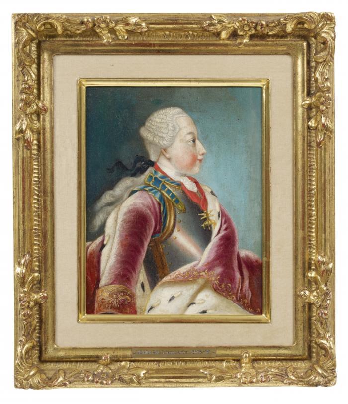 MAXIMILAN FRANZ VON ÖSTERREICH, Erzbischof und Kurfürst von Köln
Wien 1756 - 1801 Hetzendorf

Halbfigur als junger Mann im Profil nach rechts, im Harnisch im Samt- und Hermelinmantel mit Goldenem Vlies.