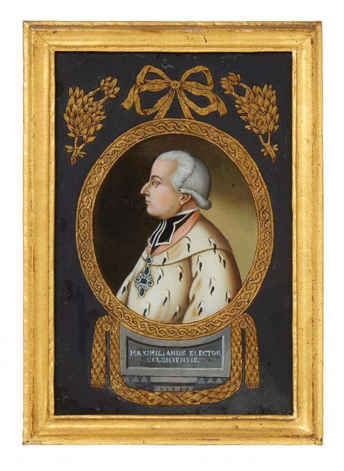 MAXIMILIAN FRANZ VON ÖSTERREICH, Erzbischof und Kurfürst von Köln
Wien 1756 - 1801 Hetzendorf

Maximilanus Elector Coloniensis.  Brustbild im Profil nach links, in von Bandschleife bekrönten goldenem Ornamentoval, auf Sockel.