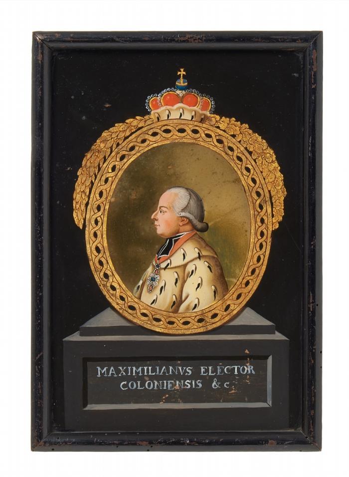 MAXIMILIAN FRANZ VON ÖSTERREICH, Erzbischof und Kurfürst von Köln
Wien 1756 - 1801 Hetzendorf

Maximilanus Elector Coloniensis & c. Brustbild im Profil nach links, in von Kurhut bekrönten goldenem Ornamentoval, auf Sockel