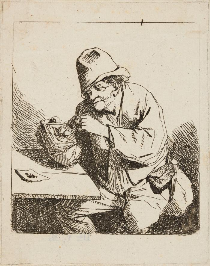 4 Blatt Radierungen auf Bütten.
1.) Frau, einen Korb tragend. Plattengröße 12,2 x 7,7 cm mit Rändchen. Hollstein 18, 2. Zustand (von 3), die horizontale Linie durch den Fuß der Frau noch sichtbar.
2.) Bauer, seine Pfeife anzündend. Plattengröße 11,2 x 8,8 cm, mit winzigem Rändchen. Trockenstempel G rechts unten recto, verso violett gestempelt Dr. v. M. sowie braun gestempelt Kurt Klemperer (alle drei nicht bei Lugt).
3.) Gesellschaft am Kamin. Plattengröße 7,7 x 5,9 cm, mit Rändchen. Hollstein 23, 2. Zustand (von 2).
4.) Liebespaar. Blattgröße 8 x 7,2 cm. (Auf die Einfassungslinien beschnitten; winziger Randausbruch oben. Hollstein 25, 2. Zustand (von 2).