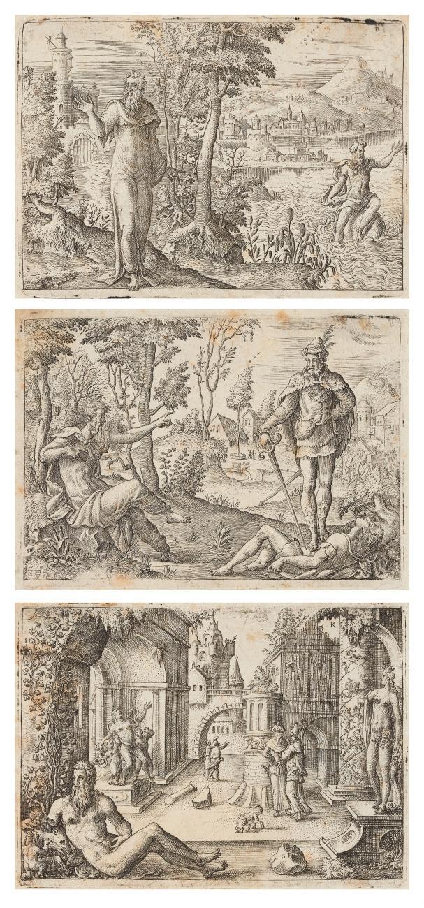 Landschaften, biblische und mythologische Szenen. 
Dabei: J. Sadeler, Jacques Prou, Pierre Scalberge, Quirinius Boel nach Andrea Schiavone (4), Abraham Bloteling, G. de Jode, Matthäus Küsell (2), W.M. Gebhardt, nach Ostade, nach Francisque Millet (3), Hermann van Swanevelt, Étienne Delaune (14), Claude Mellan, Heideloff (2), Visscher? (5), Anonym.