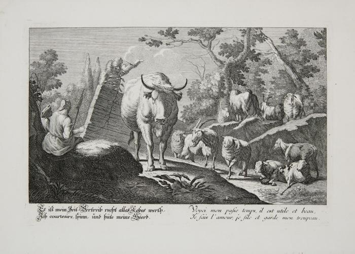 Hirtenszenen (Die Spinnerin bei der Herde / Der ruhende Hirte bei der Herde / Der sich abewendende Hirte mit seiner Herde.