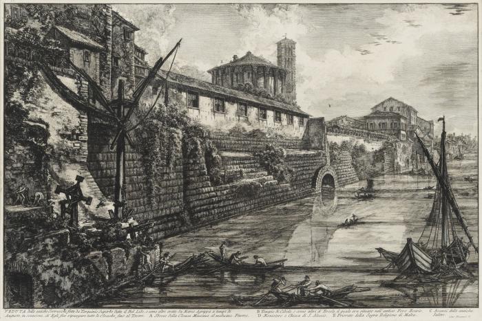 Veduta delle antiche Sostruzioni fatte da Tarquinio Superbo dette il Bel Lido ... (Der Tiber mit der Mündung der Cloaca Maxima).