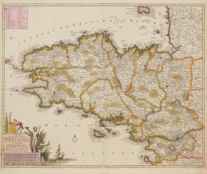 Bretagne. - Duché et gouvernement general de Bretagne divisé en Haut et Bas, et subdivisé en ses neuf eveches ou receptes, mit Legende und figürlicher Kartusche.
