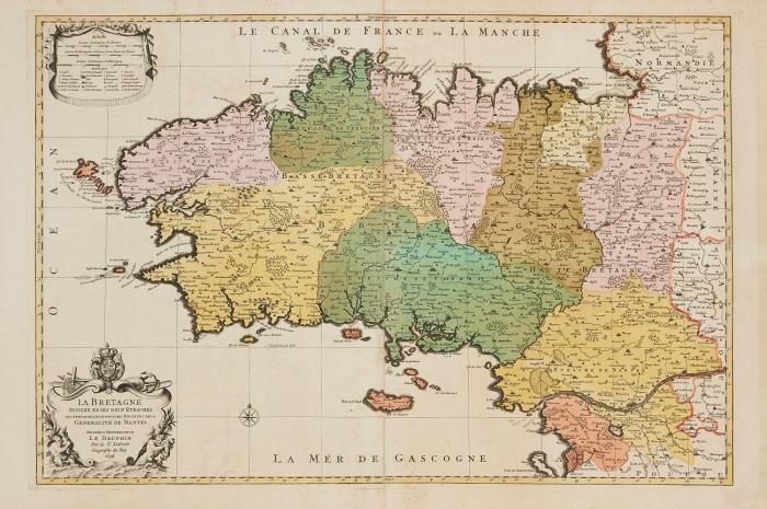 Bretagne. - La Bretagne divisée en ses neuf eveschés qui font aussi l'estendue des receptes de la Generalité de Nantes, mit Legende und figürlicher Kartusche.