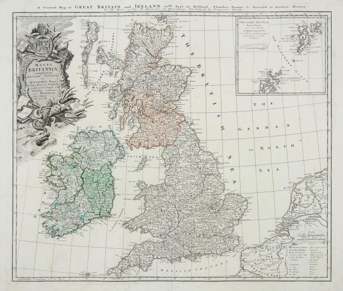 Großbritannien. - Magna Britannia complectens Angliae, Scotiae et Hyberniae regn. in suas Prov. et Comitat. divisa et ex mappis Londinensibus designata, britische Inseln mit der Unterteilung in die Provinzen England, Schottland und Irland, mit Titelkartusche und Inset-Karte der Orkney- und Shetlandinseln.