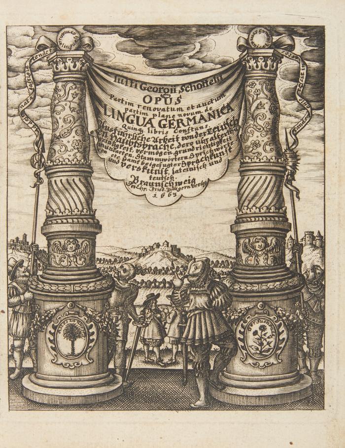 Ausführliche Arbeit von der Teutschen Haubt Sprache, worin enthalten gemelter diser Haubt Sprache Uhrankunft, Uhraltertuhm, Reinlichkeit, Eigenschaft ... zumahl die Sprach Kunst und Vers Kunst Teutsch ... mit eingebracht ... Item die Stammwörter der Teutschen Sprache samt der Erklärung und derogleichen viel merkwürdige Sachen.
