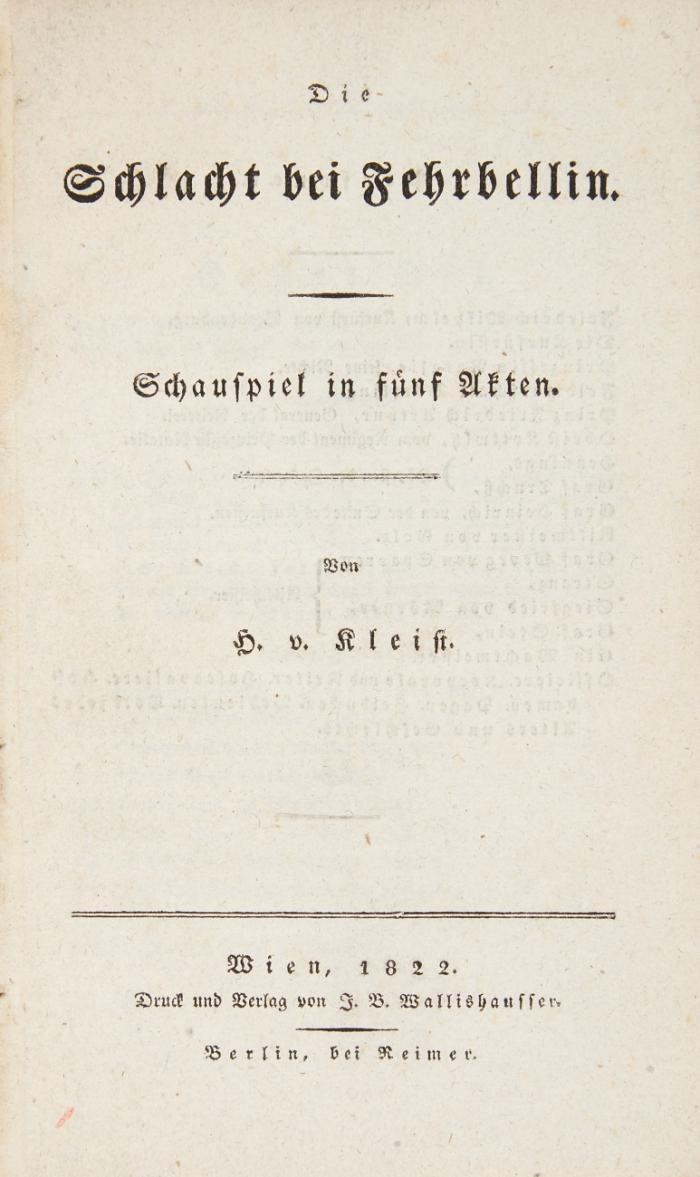 Die Schlacht bei Fehrbellin. Schauspiel in fünf Akten.