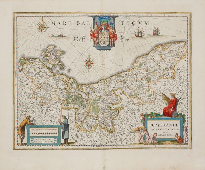 Pommern. - Pomeraniae Ducatus Tabula. Karte von Vor- und Hinterpommern mit zwei figürlichen Kartuschen und großer Wappenkartusche.
