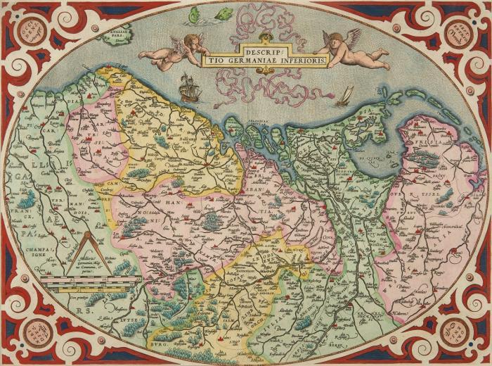 Niederdeutschland. - Descriptio Germaniae inferioris, die nördlichen Niederlande mit Teilen Nordfrankreichs und -deutschlands sowie England, mit Umrahmung im Oval, Putten und Meilenanzeiger.