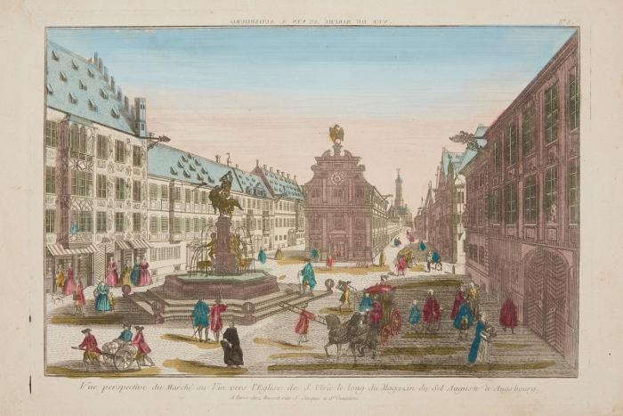 Augsburg. - Vue perspective du Marché au Vin vers l'Eglise de S. Ulric le long du Magazin du Sel Auguste à Augsbourg  / Vuë d'Augsbourg prise de la Cathedrale regardant vers la porte de la Ste Vierge.